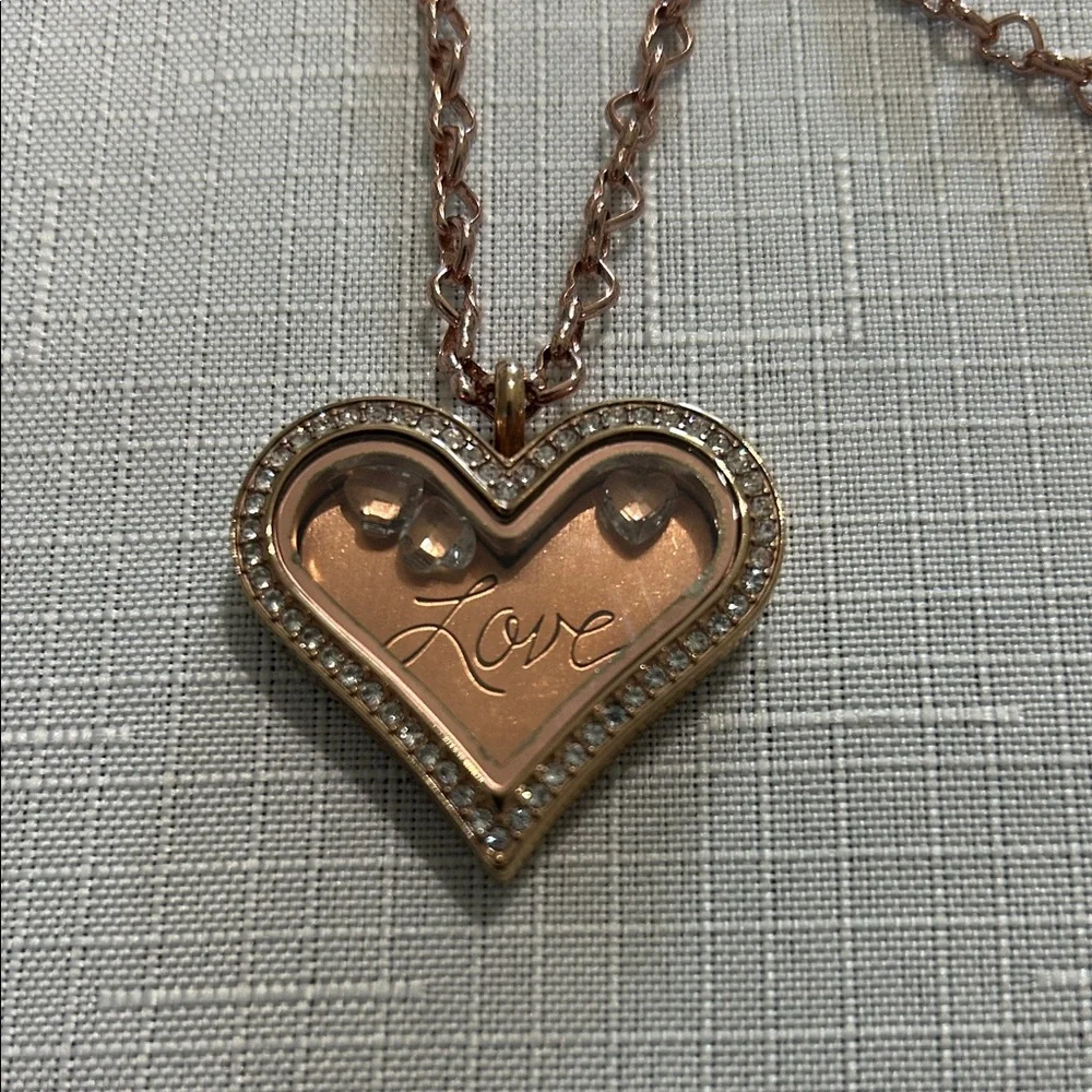 Origami Owl Rose Gold Crystal Heart Locket Pendant Necklace - Picture 2 of 6